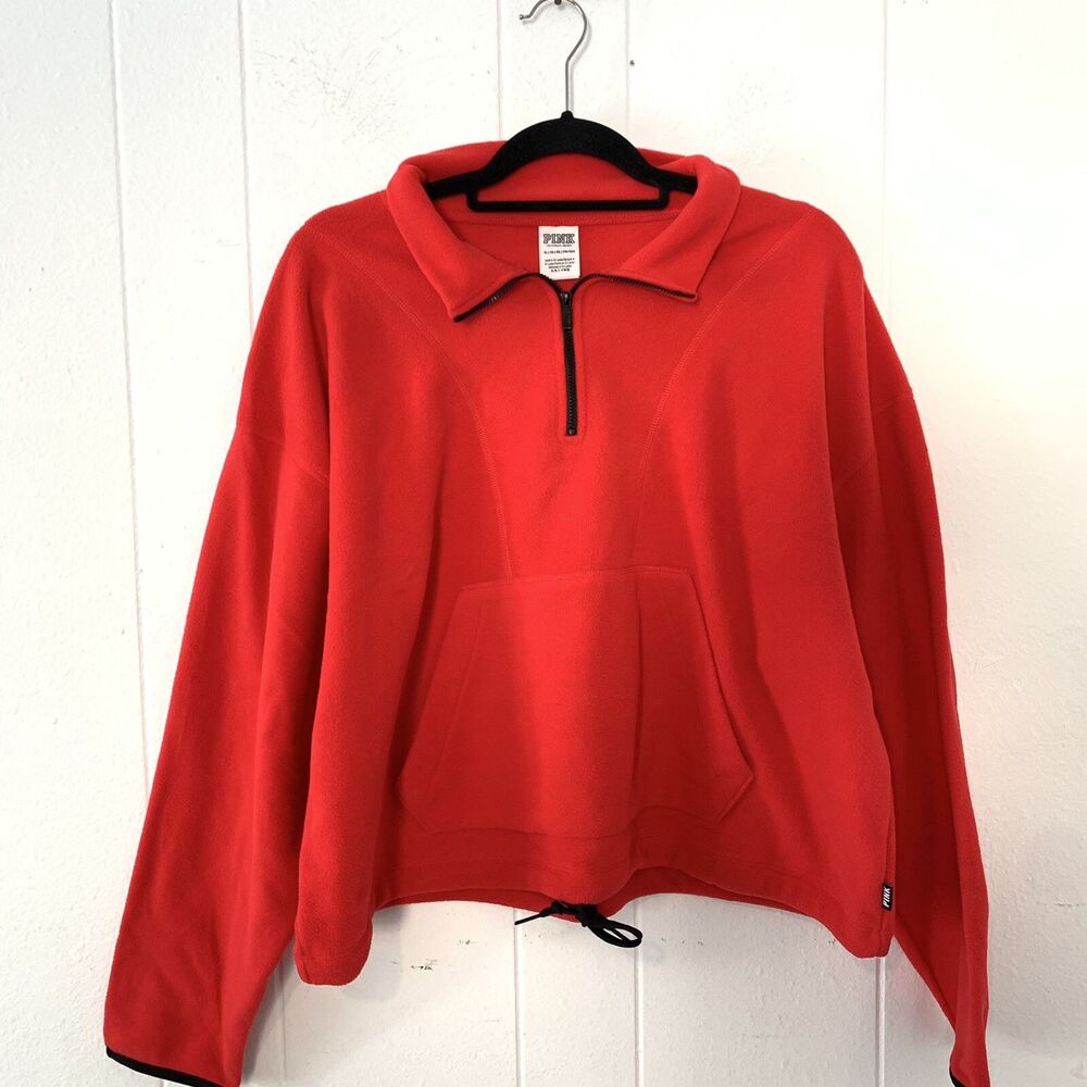 PINK VS‎ Womens XL Fleece Pullover Boxy Oversize Crop 1/2 Zip Drawstring NEW